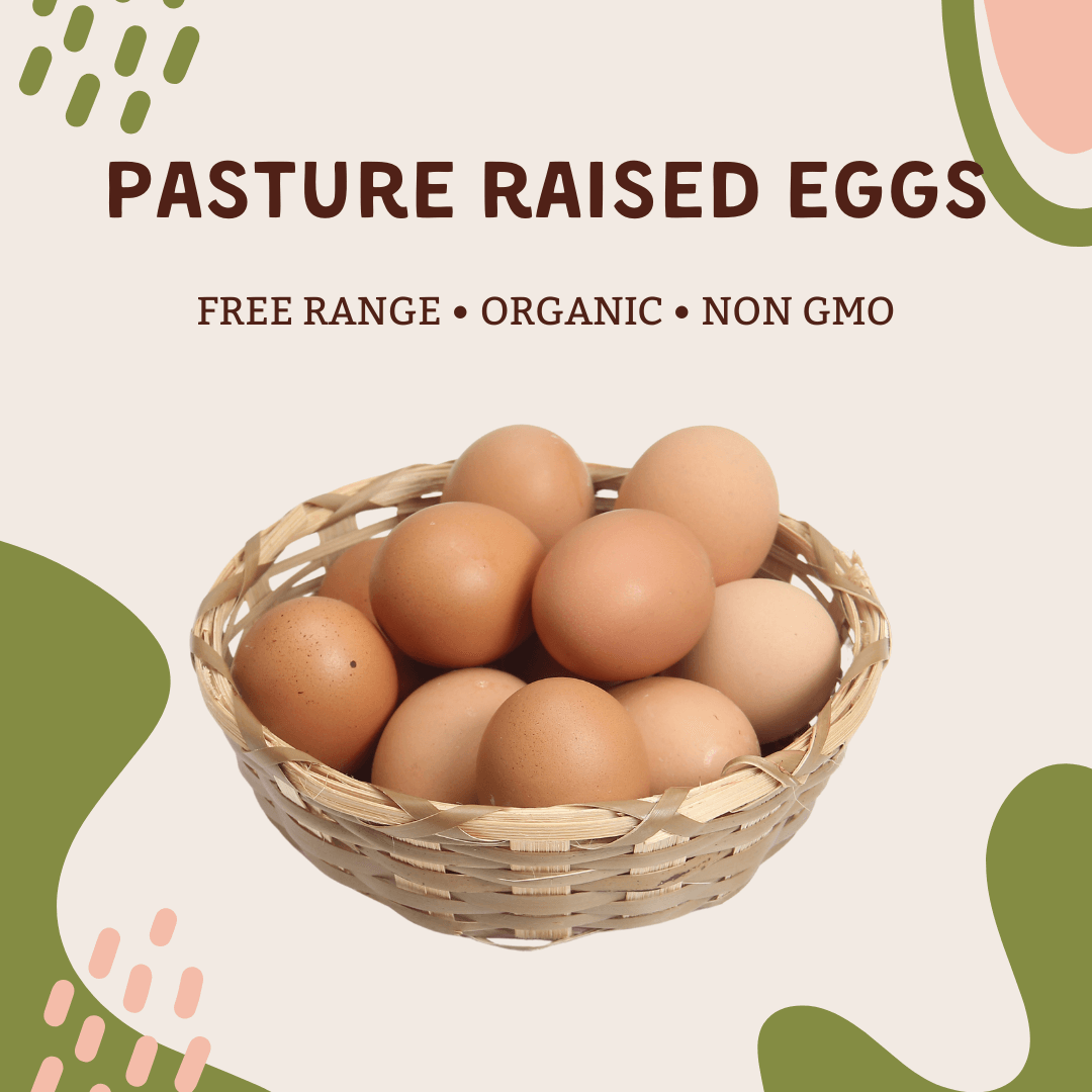 🥚 Organic Pasture Raised Eggs (1 Dozen) in a woven basket, emphasizing free-range and organic qualities.