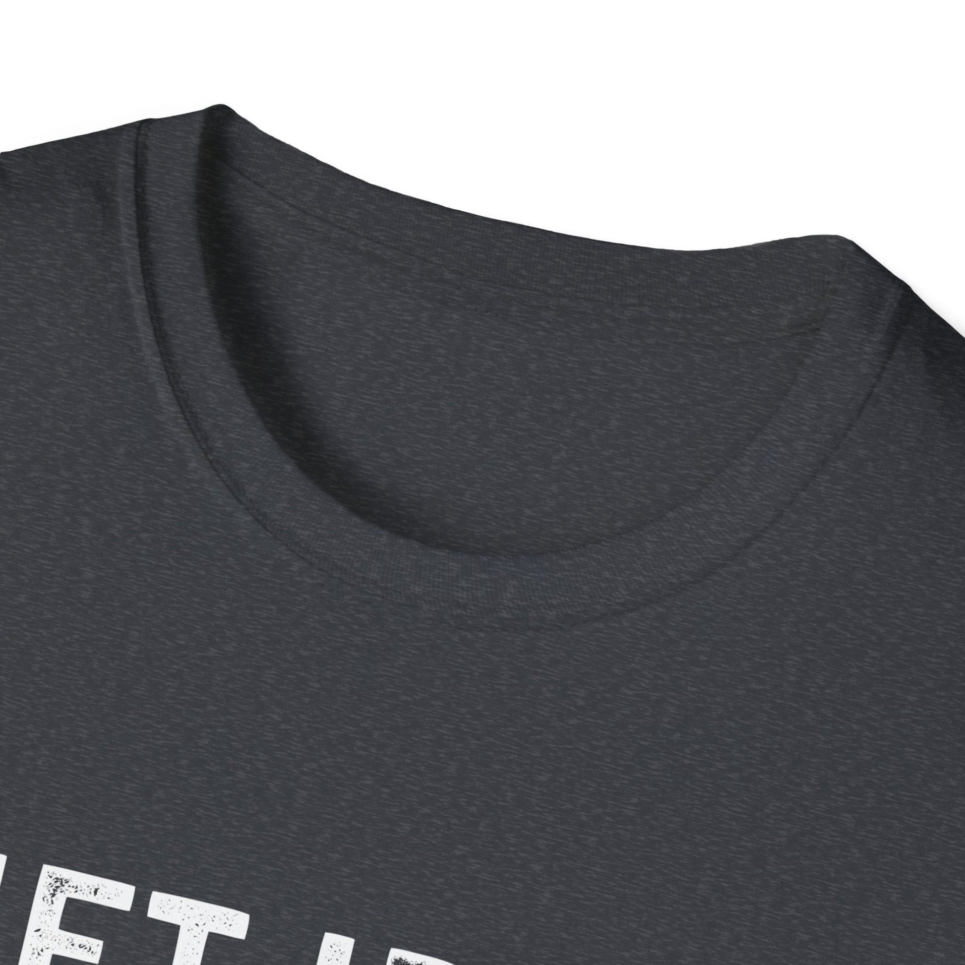 Close-up of the neckline of a comfortable unisex fitness tee featuring a motivational design.