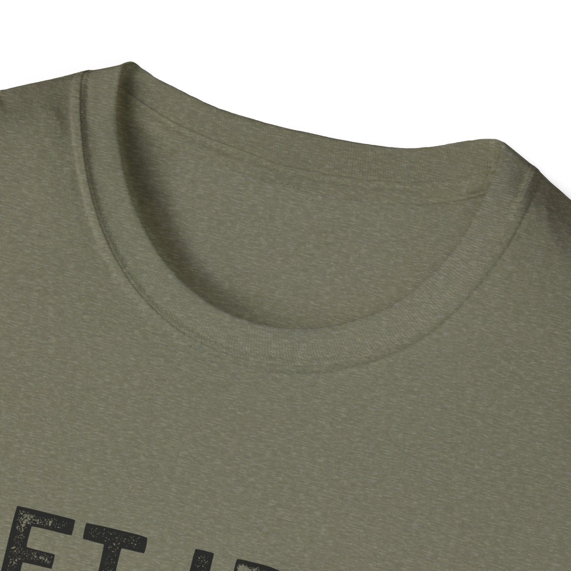 Close-up of the neckline of a comfortable unisex fitness tee in olive green, perfect for gym lovers.