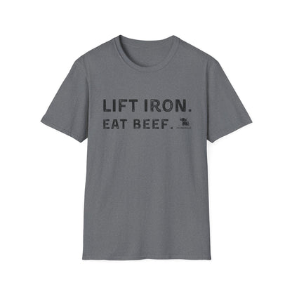 Lift Iron Eat Beef unisex fitness tee, comfortable gray shirt for gym lovers, perfect for workouts and casual wear.