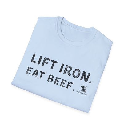 Light blue unisex fitness tee featuring 'Lift Iron. Eat Beef.' design, perfect for gym enthusiasts.