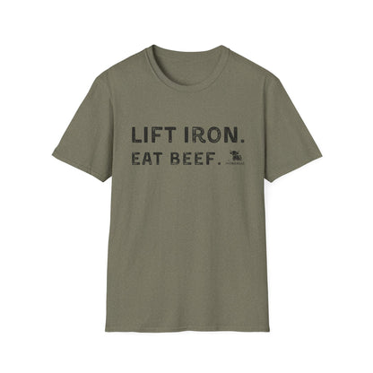 The Lift Iron Eat Beef unisex tee in olive green, perfect for gym lovers and casual wear.