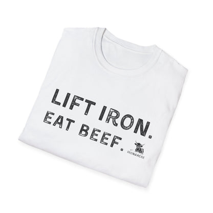 Lift Iron Eat Beef unisex tee - lightweight and stylish shirt for gym enthusiasts, promoting fitness and humor.