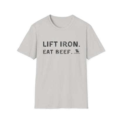 Lift Iron Eat Beef unisex tee, perfect for gym lovers, highlighting fitness and humor in a stylish design.
