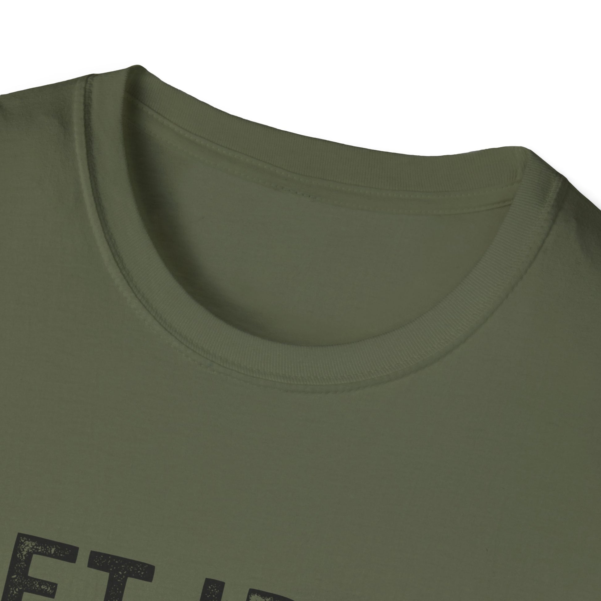 Close-up of the neck area of the Lift Iron Eat Beef unisex fitness tee in olive green.