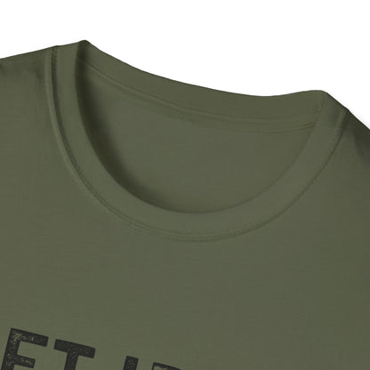Close-up of the neck area of the Lift Iron Eat Beef unisex fitness tee in olive green.