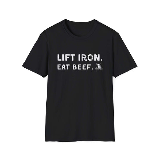 Unisex black t-shirt with 'Lift Iron. Eat Beef.' design, perfect for gym lovers and casual wear.