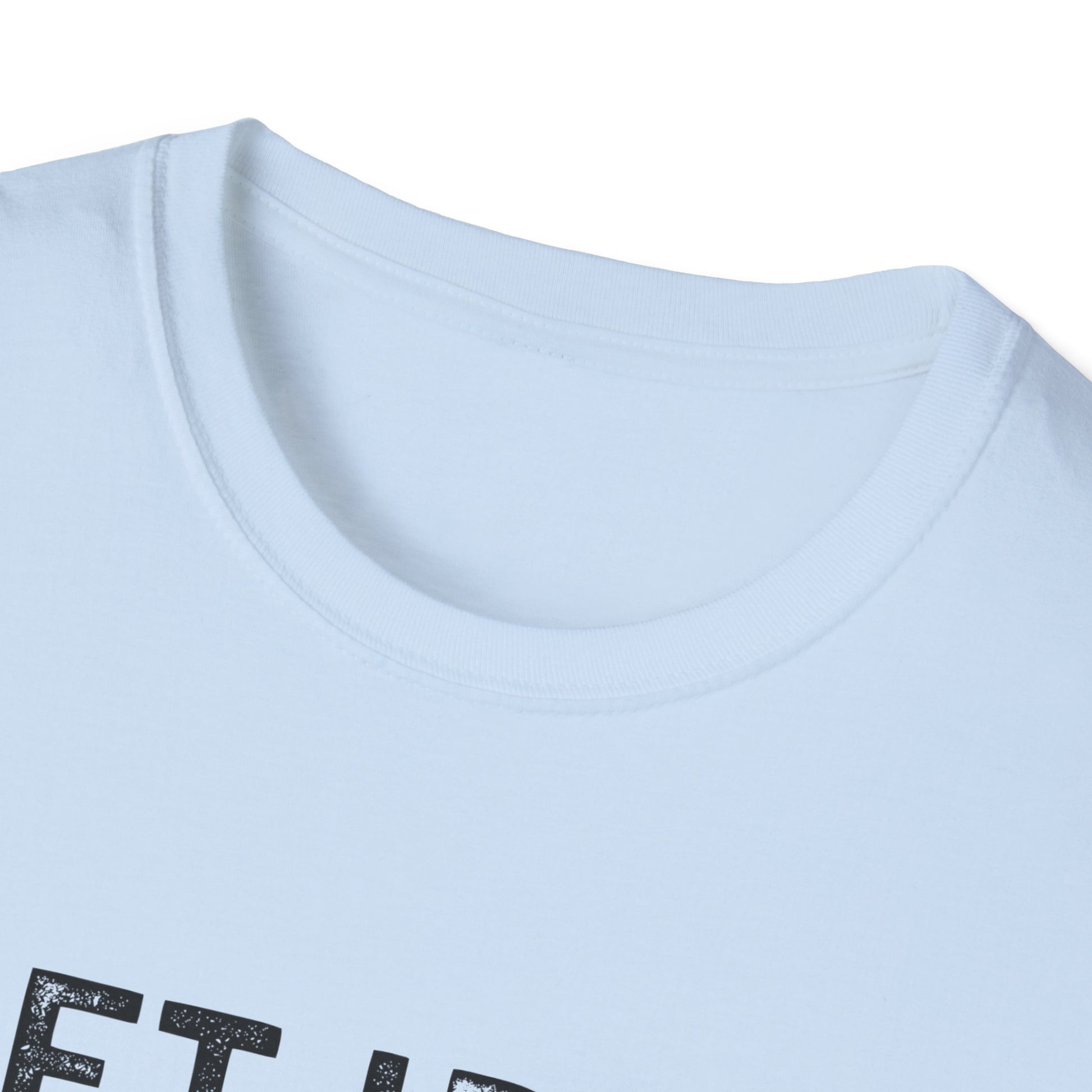 Close-up of the collar of a light blue unisex fitness tee with 'Lift Iron. Eat Beef.' design.