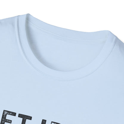 Close-up of the collar of a light blue unisex fitness tee with 'Lift Iron. Eat Beef.' design.