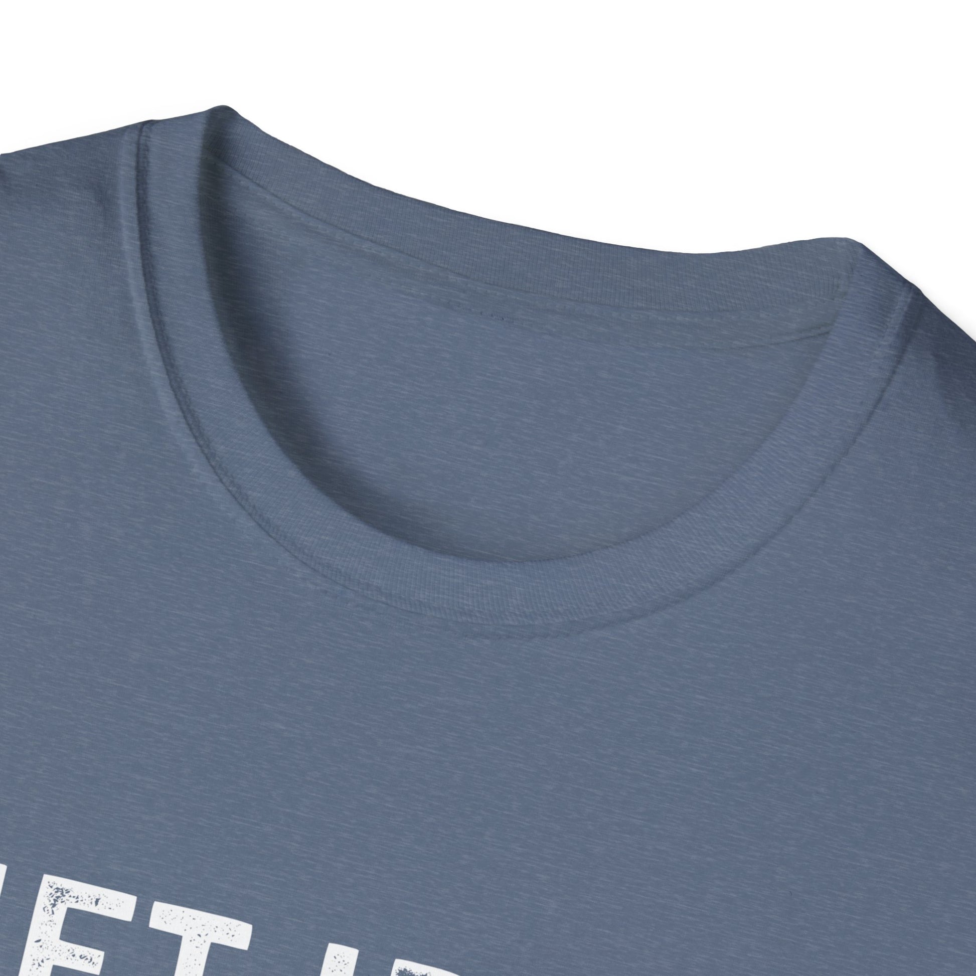 Close-up of the neckline of a softstyle unisex fitness tee in gray with 'Lift Iron. Eat Beef.' design.