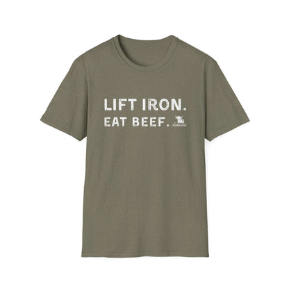 Lift Iron Eat Beef unisex t-shirt in olive green, perfect for gym lovers and casual outings.