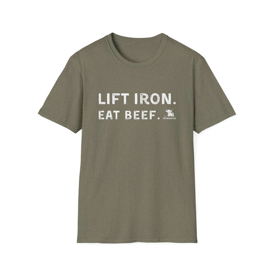 Lift Iron Eat Beef unisex t-shirt in olive green, perfect for gym lovers and casual outings.