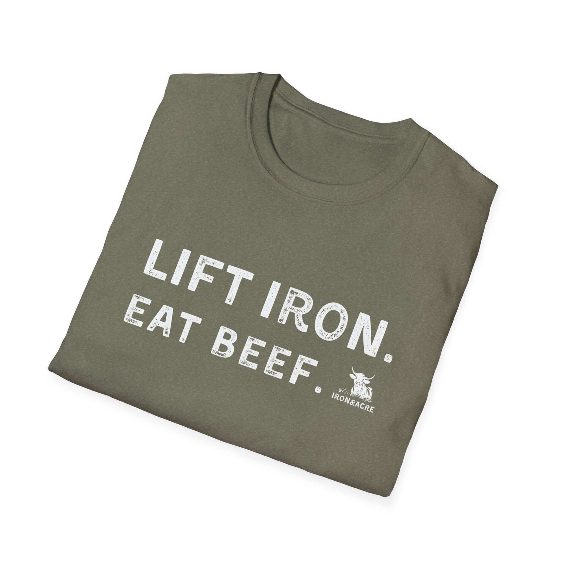 Lift Iron Eat Beef unisex tee in olive green, comfortable shirt for fitness lovers and gym enthusiasts.