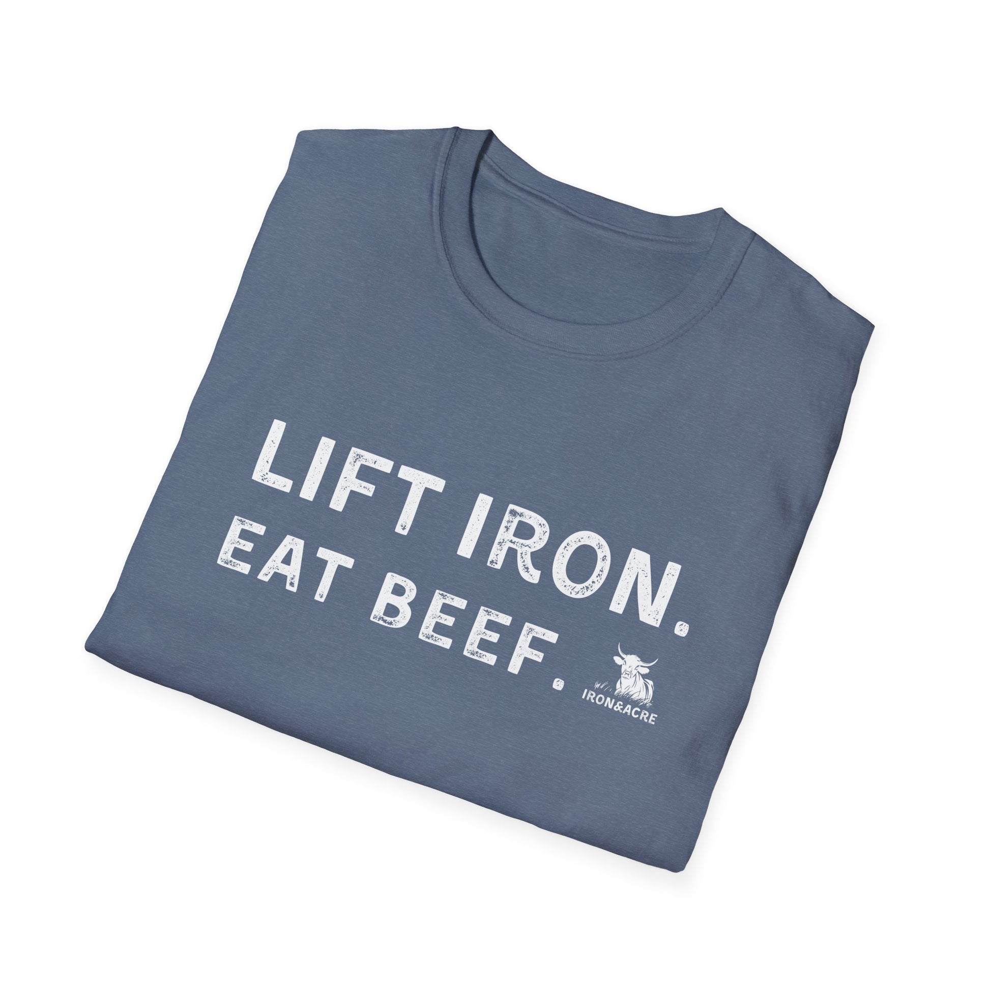 Lift Iron Eat Beef unisex fitness tee, stylish gym shirt, comfortable workout apparel.
