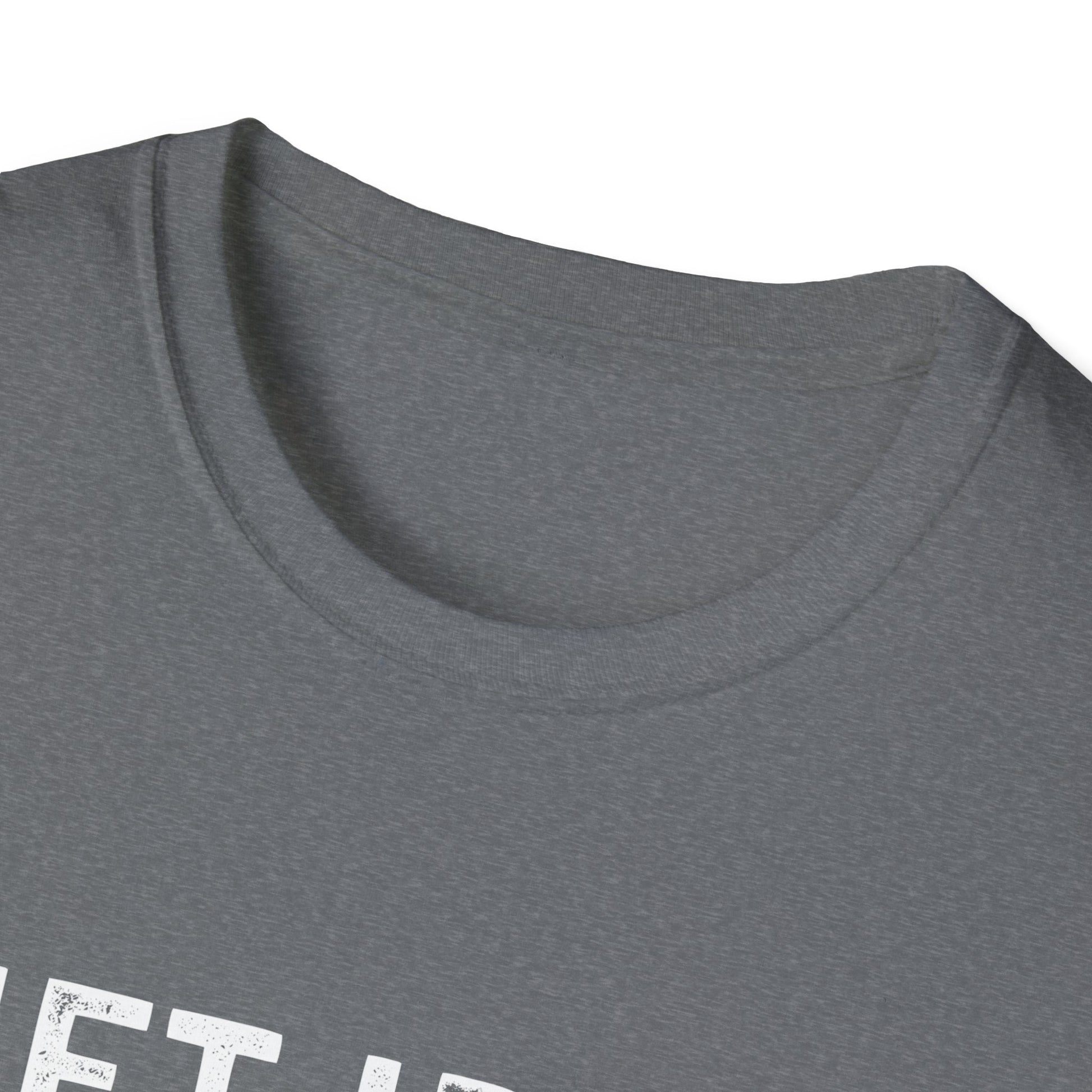 Close-up of the neckline of a gray unisex fitness tee with a humorous fitness slogan.