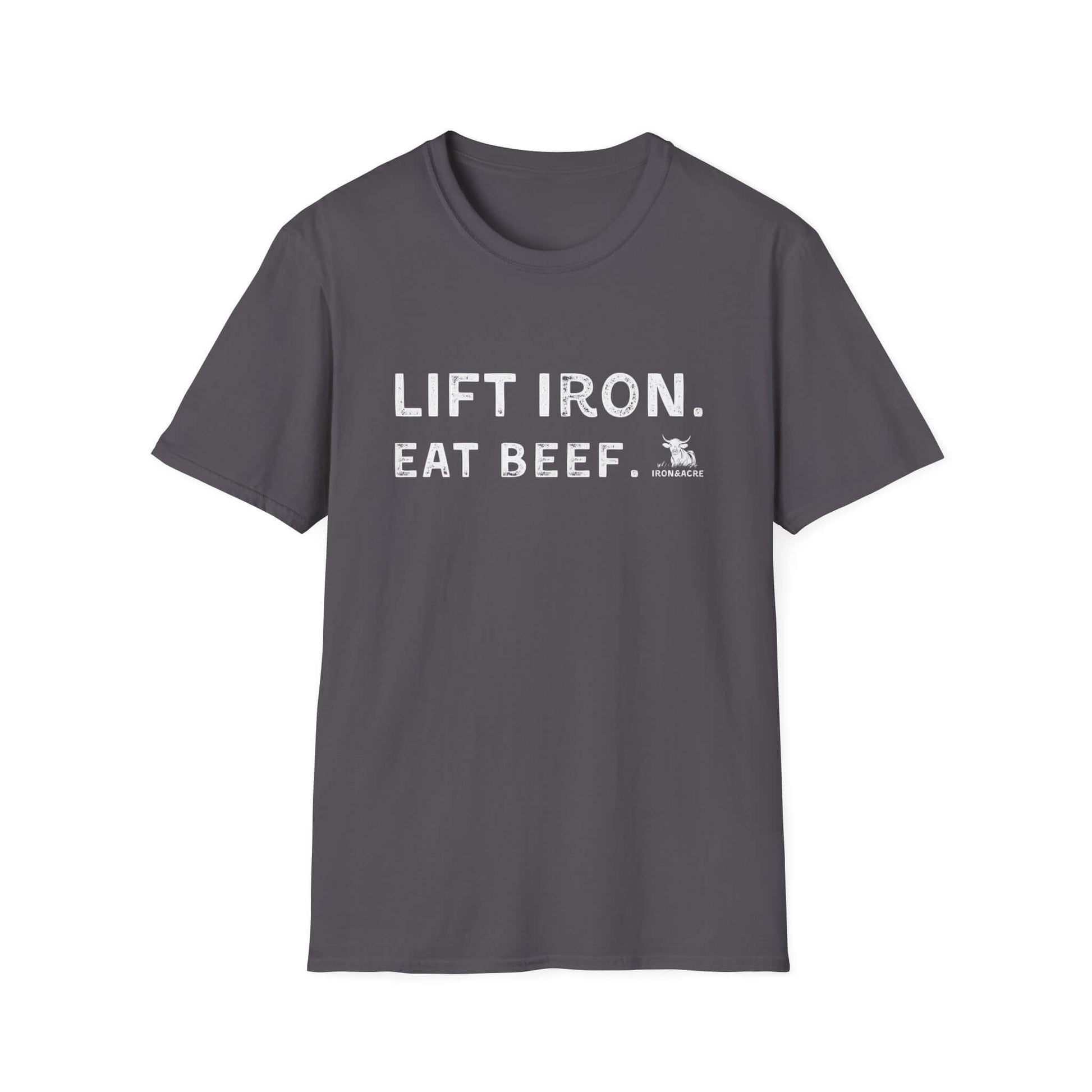 Unisex fitness tee with "Lift Iron. Eat Beef." design, perfect for gym lovers and casual wear.