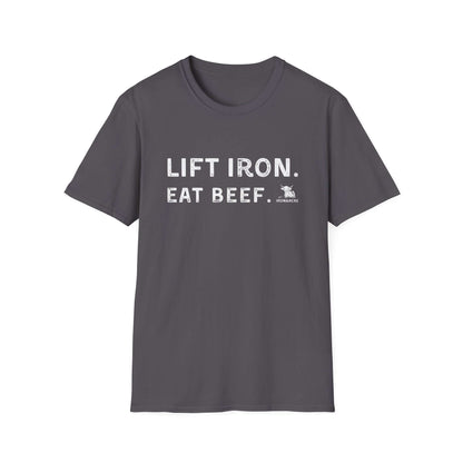 Unisex fitness tee with "Lift Iron. Eat Beef." design, perfect for gym lovers and casual wear.