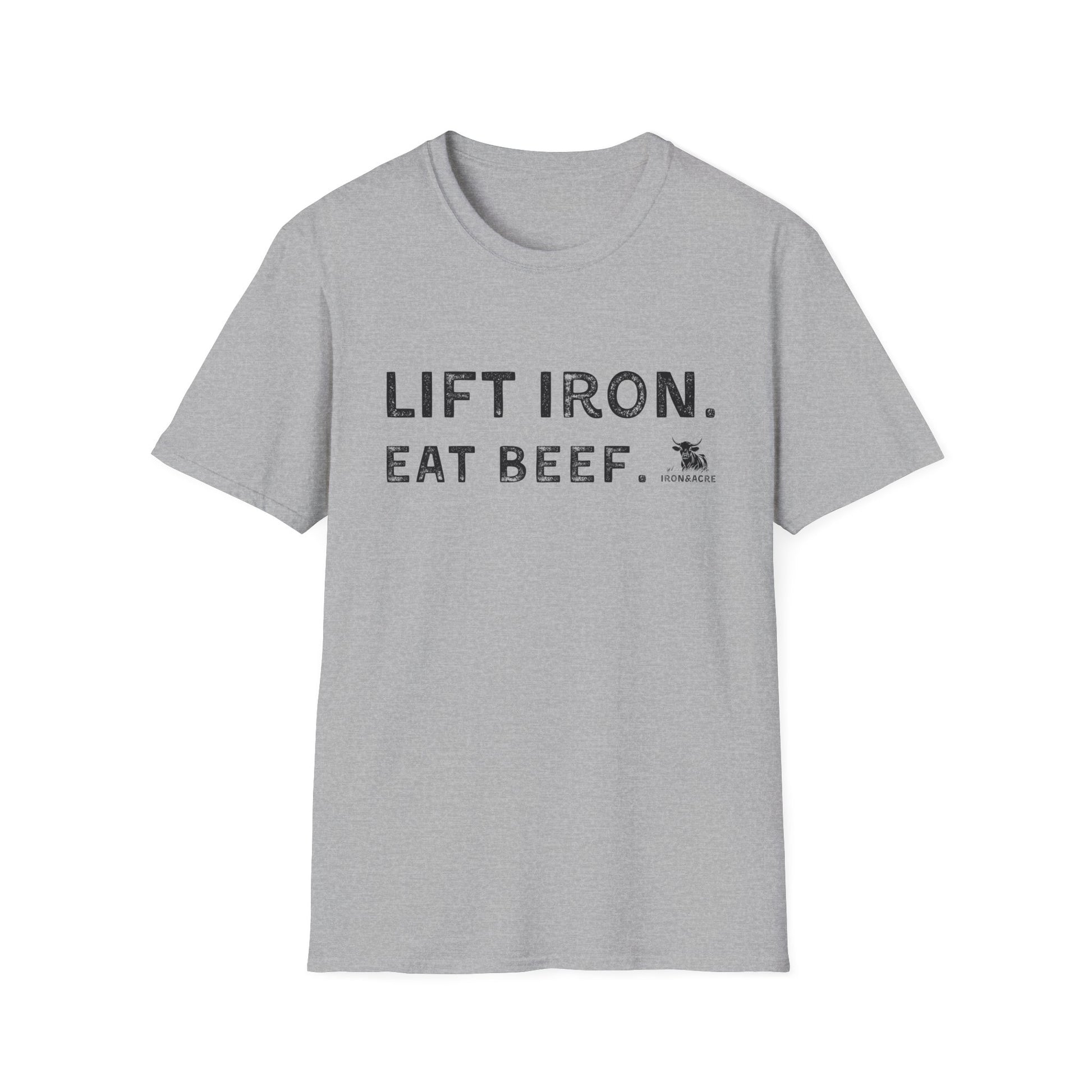 Unisex fitness tee featuring 'Lift Iron. Eat Beef.' design, perfect for gym enthusiasts and casual wear.