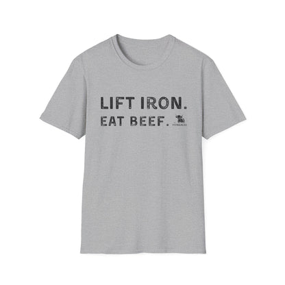 Unisex fitness tee featuring 'Lift Iron. Eat Beef.' design, perfect for gym enthusiasts and casual wear.