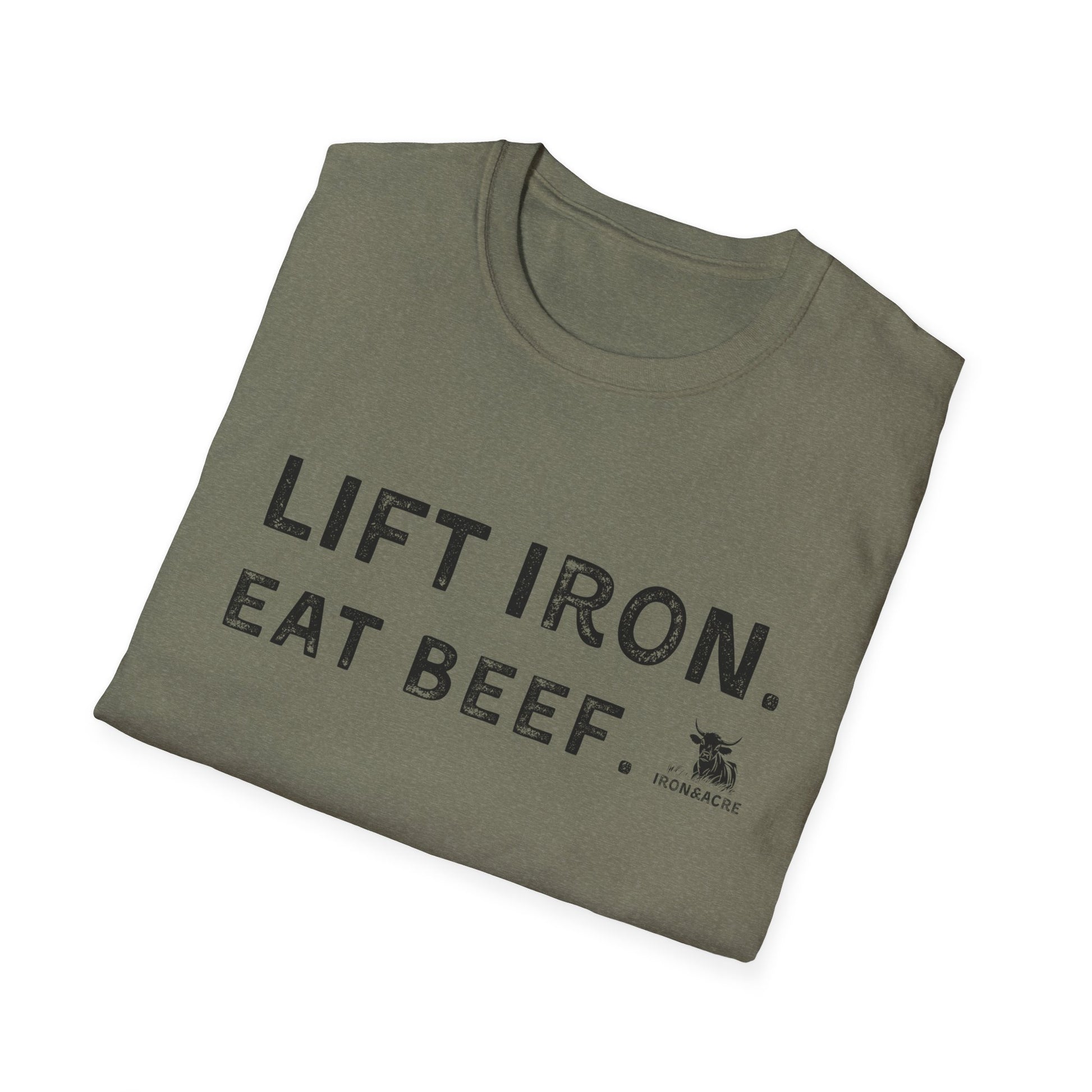 Lift Iron Eat Beef unisex tee, perfect for gym lovers and casual wear, featuring a humorous fitness design.