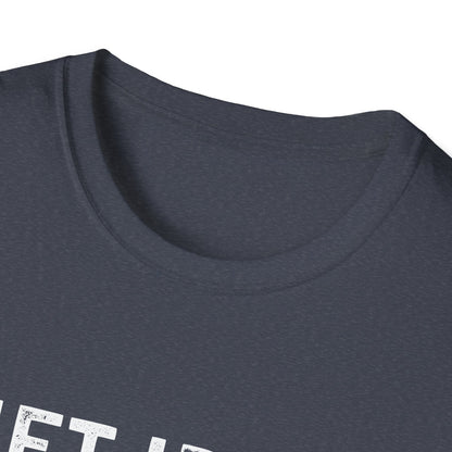 Close-up of the neckline of a unisex gym tee with 'Lift Iron. Eat Beef.' design in white, showcasing fabric texture.