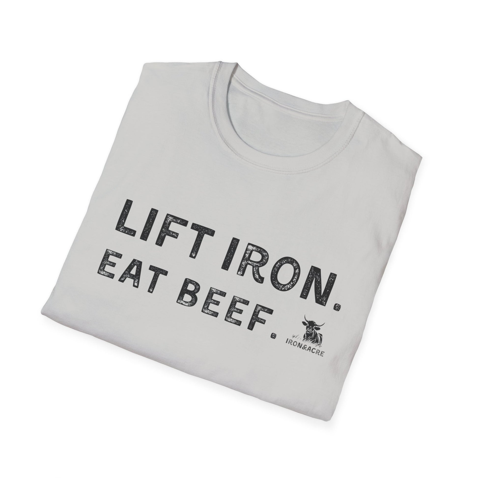 Lift Iron Eat Beef unisex fitness tee, comfortable and stylish for gym lovers, light gray design.