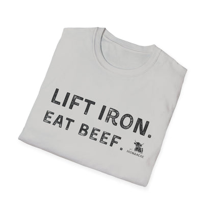 Lift Iron Eat Beef unisex fitness tee, comfortable and stylish for gym lovers, light gray design.