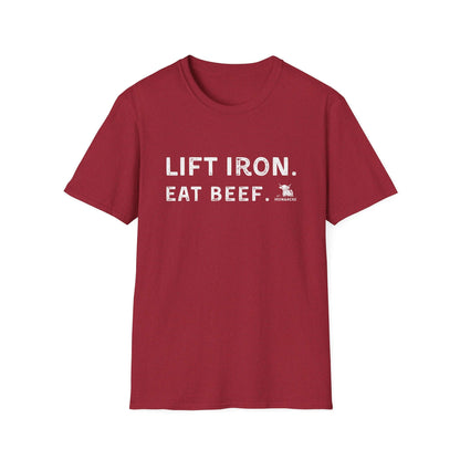 Lift Iron Eat Beef unisex fitness tee in red, perfect for gym lovers and casual wear enthusiasts.