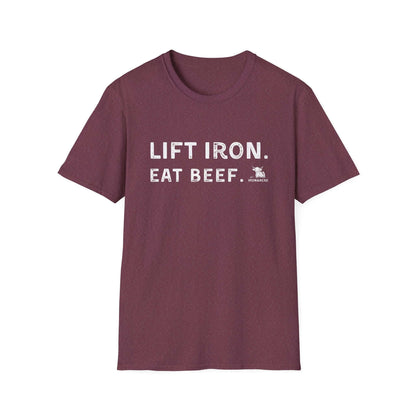 Lift Iron Eat Beef unisex tee in maroon, perfect for gym lovers and casual outings, showcasing a humorous fitness motto.