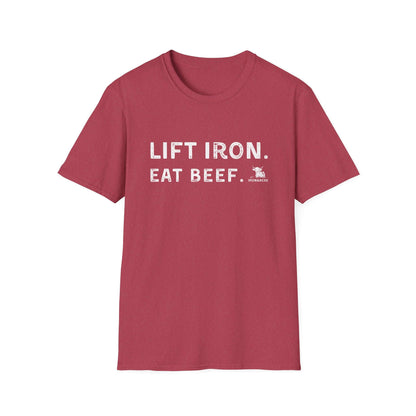 Lift Iron Eat Beef unisex t-shirt in maroon, comfortable and stylish for gym enthusiasts and casual wear.