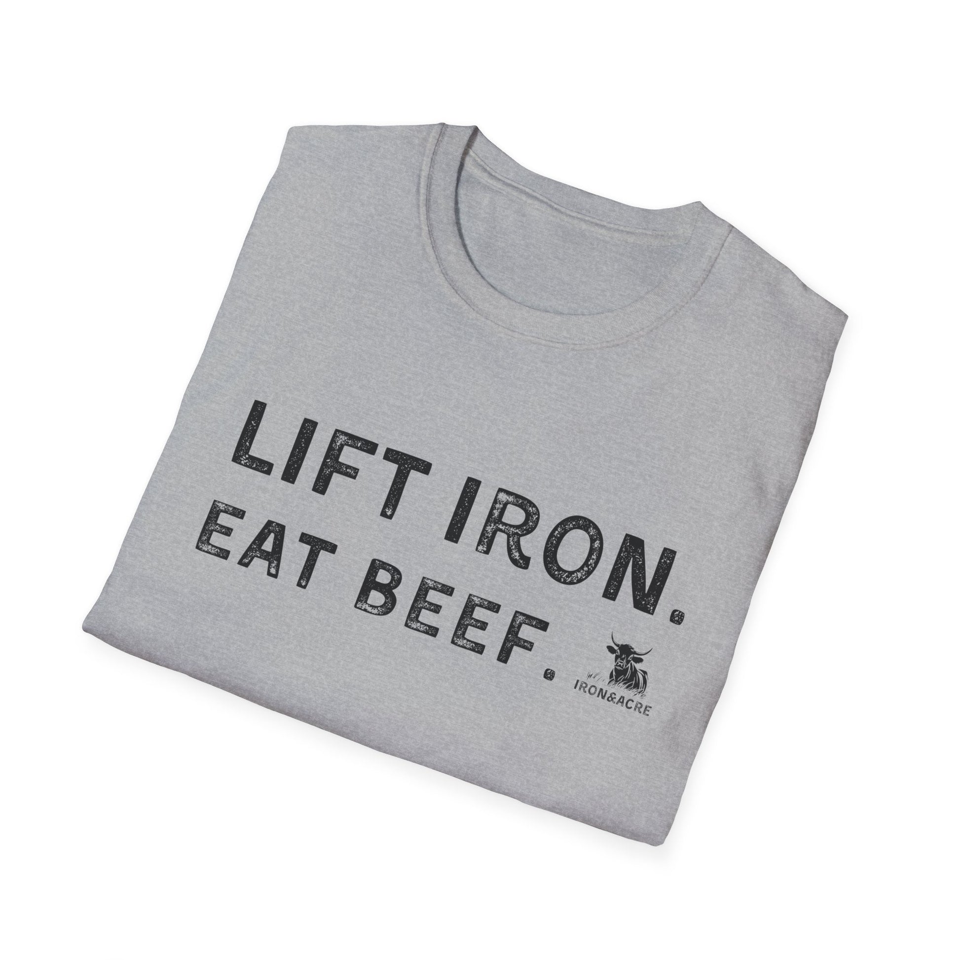Gray unisex tee with 'Lift Iron. Eat Beef.' design, perfect for fitness lovers and casual wear.