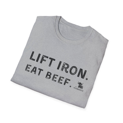 Gray unisex tee with 'Lift Iron. Eat Beef.' design, perfect for fitness lovers and casual wear.