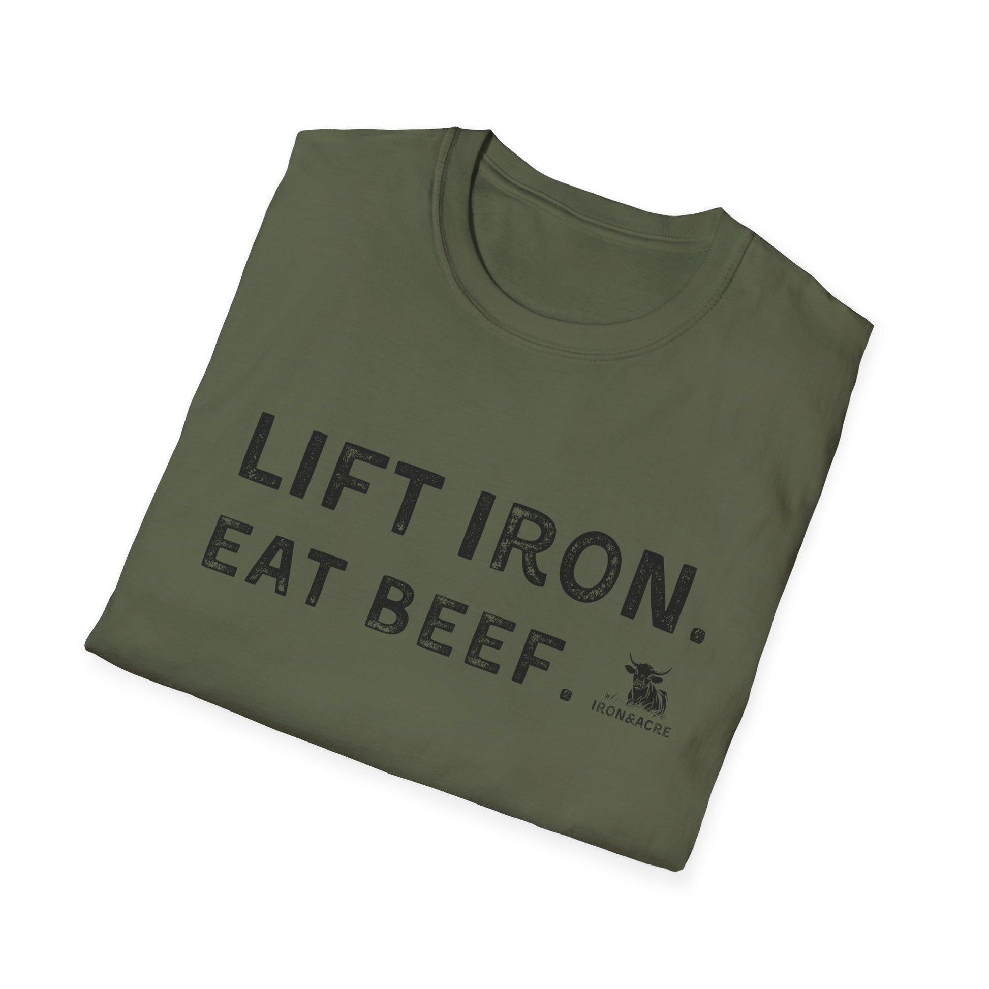 Unisex olive green t-shirt with 'Lift Iron. Eat Beef.' print, ideal for fitness enthusiasts and casual wear.