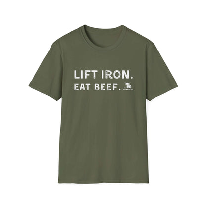 Unisex olive green tee with 'Lift Iron. Eat Beef.' slogan, ideal for fitness enthusiasts and casual wear.