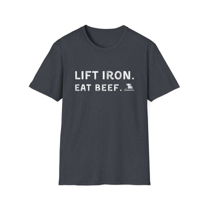 Unisex fitness tee reading 'Lift Iron. Eat Beef.' in stylish white on a dark background, perfect for gym lovers.
