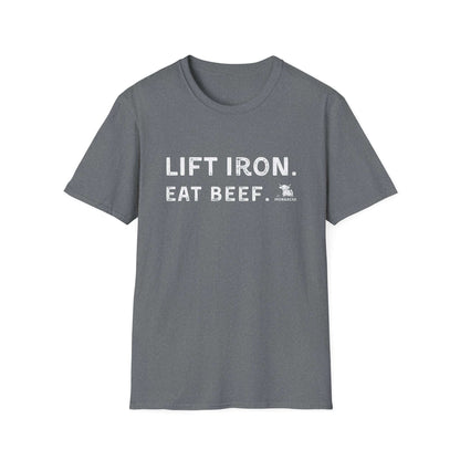 Lift Iron Eat Beef unisex tee, comfortable fitness shirt for gym lovers, stylish and humorous workout wardrobe.