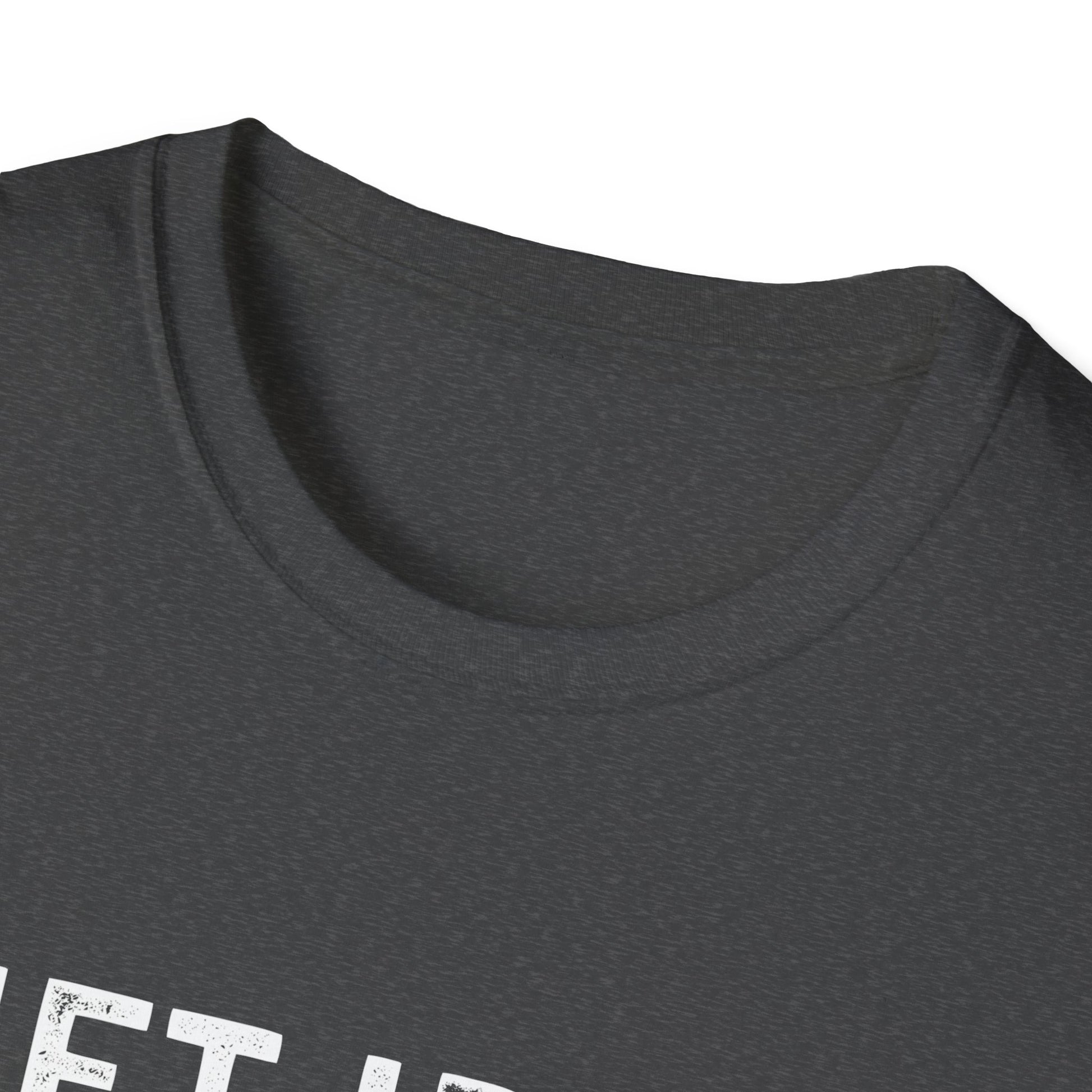 Close-up of the neckline of the Lift Iron Eat Beef unisex tee, showcasing a comfortable fabric perfect for gym enthusiasts.