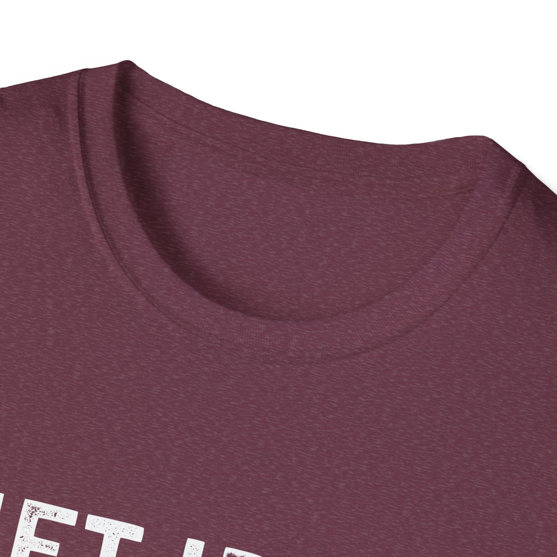 Close-up of the neckline on a comfortable unisex gym tee, showcasing soft fabric texture and stylish design.