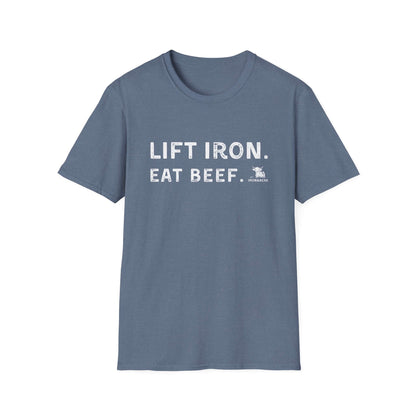 Lift Iron Eat Beef unisex fitness tee in softstyle for gym lovers, perfect for workouts and casual wear.