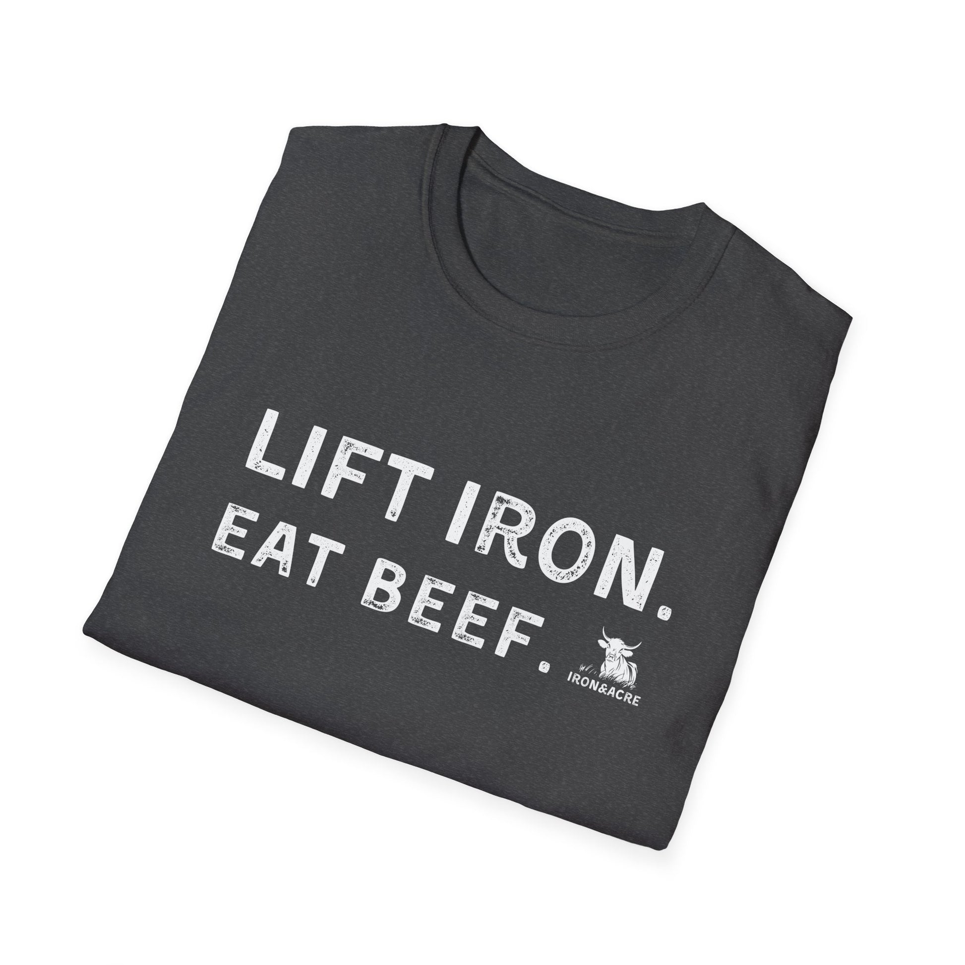 Lift Iron Eat Beef unisex fitness tee, perfect for gym lovers and casual wear.