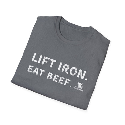 Lift Iron Eat Beef unisex t-shirt, stylish fitness tee for gym lovers, soft and comfortable, gray design.