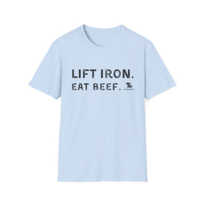 Light blue unisex fitness tee featuring 'Lift Iron. Eat Beef.' slogan, ideal for gym enthusiasts and casual wear.