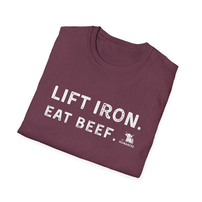 Folded maroon unisex t-shirt with 'Lift Iron. Eat Beef.' print, ideal for gym lovers and casual wear.