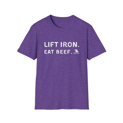 Purple unisex fitness tee with "Lift Iron. Eat Beef." slogan, perfect for gym enthusiasts and casual wear.