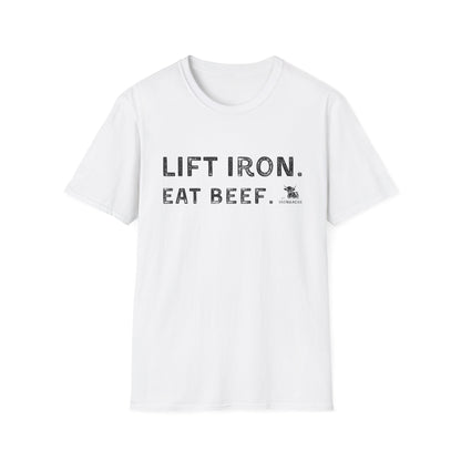Lift Iron Eat Beef unisex fitness tee in white, perfect for gym lovers and casual wear.