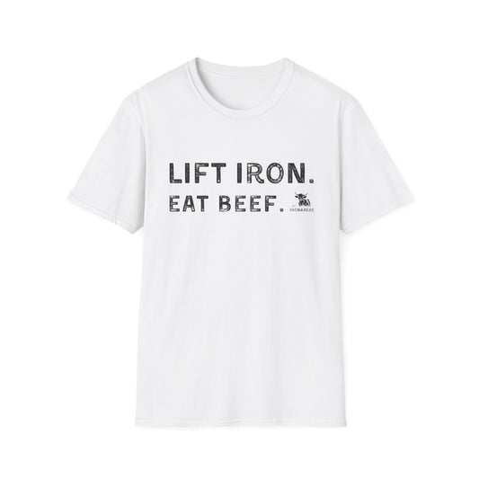 Lift Iron Eat Beef unisex fitness tee in white, perfect for gym lovers and casual wear.