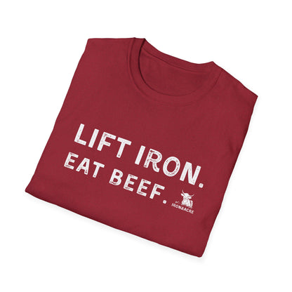 Stylish unisex tee featuring 'Lift Iron. Eat Beef.' for gym lovers, perfect for workouts and casual wear.