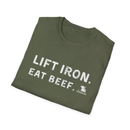 Stylish olive green unisex tee with 'Lift Iron. Eat Beef.' print, perfect for fitness enthusiasts.