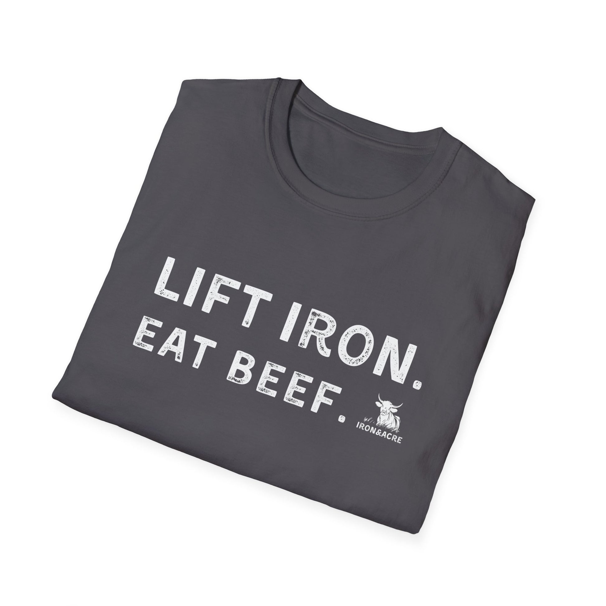Lift Iron Eat Beef unisex fitness tee in dark color, perfect for gym lovers and casual wear.