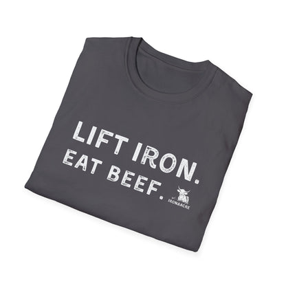 Lift Iron Eat Beef unisex fitness tee in dark color, perfect for gym lovers and casual wear.